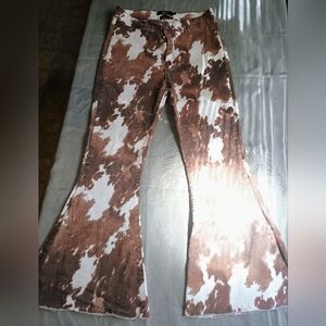 L&B Brown and White Cow Print Flare Jeans